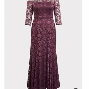 Special occasion grape purple lace off the shoulder maxi dress with train.